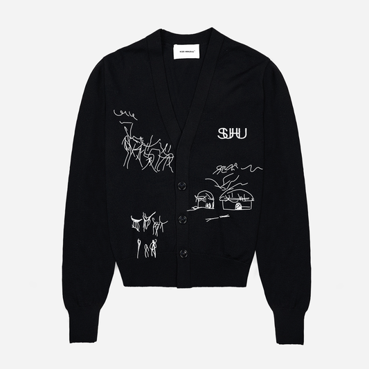 SUHU CROPPED KNIT CARDIGAN, BLACK