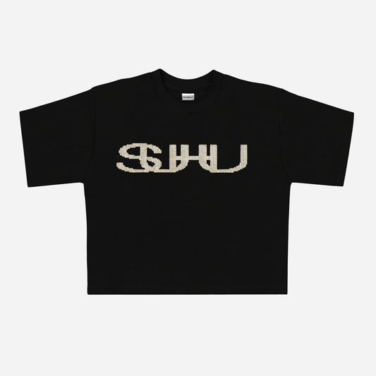 SUHU, OVERSIZED LOGO KNIT TEE, BLACK