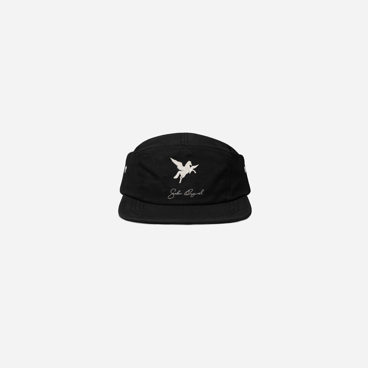 A black five-panel cap with a white printed logo.