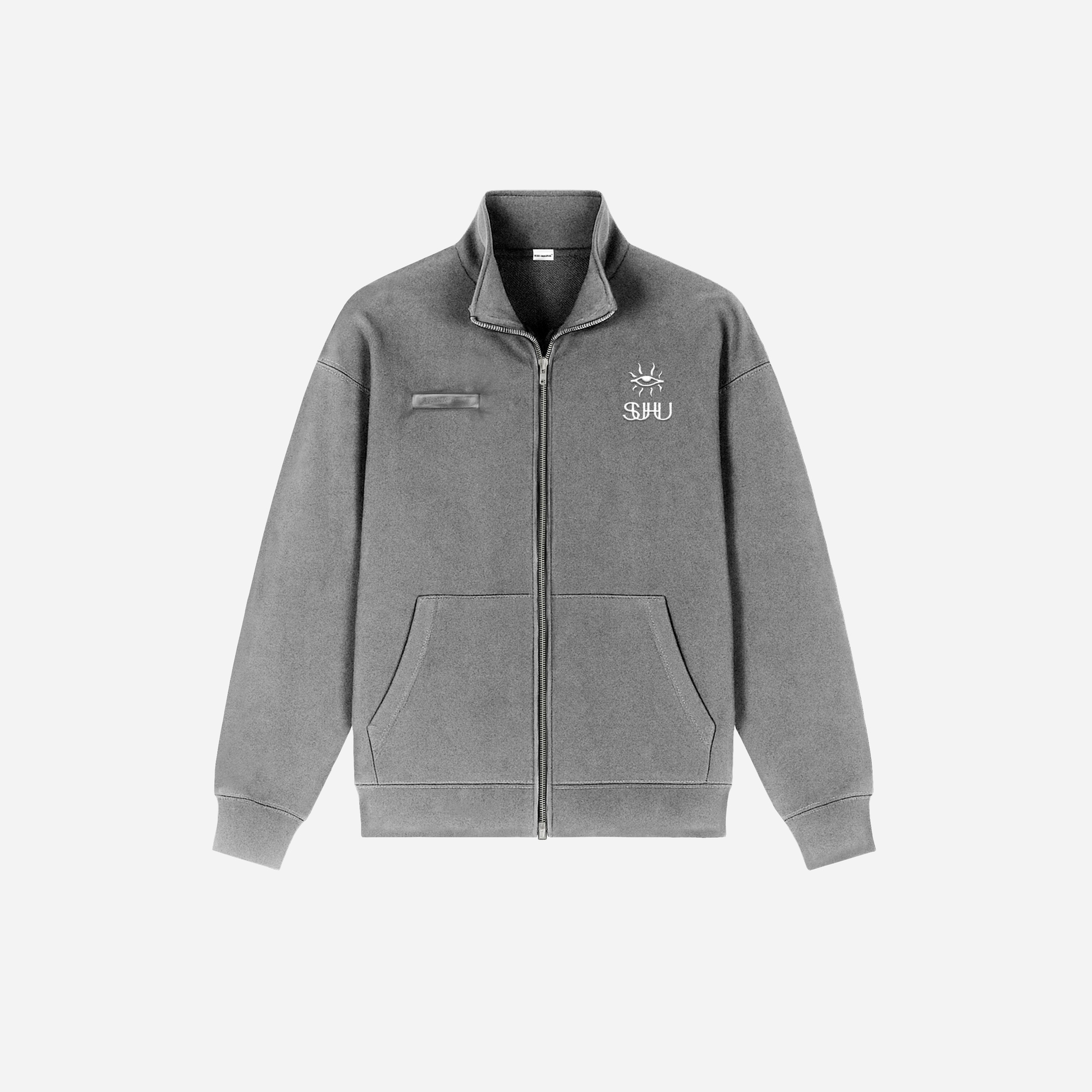 Gray zip-up sweatshirt with a logo on a white background